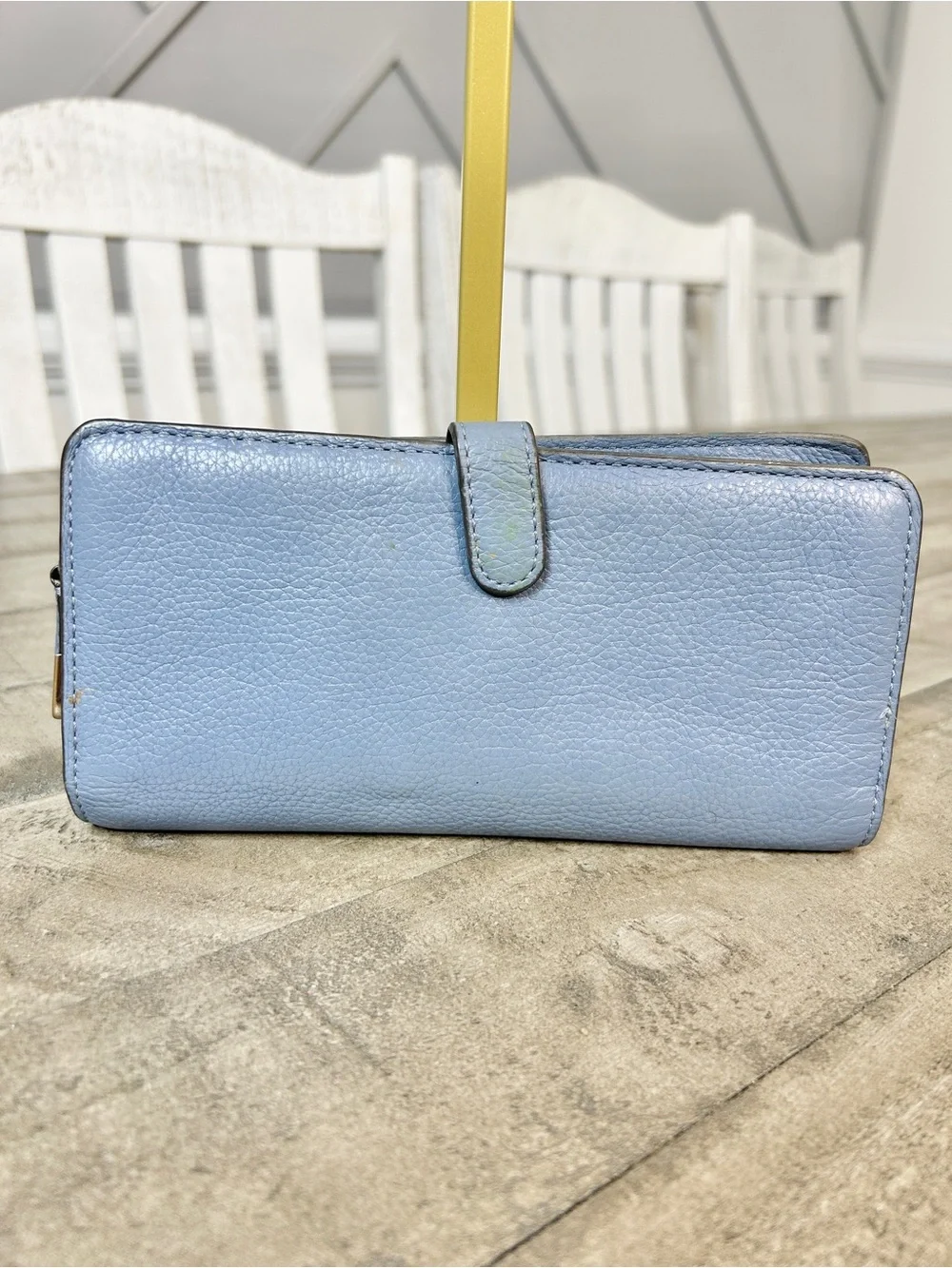 Coach Light Blue Pebbled Leather Tab Snap Wallet ID Window Zip Pocket Gold